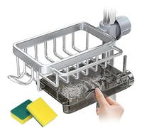 Kitchen Sink Faucet Organizer, Sink Organizer Rack for Kitchen and Bathroom, Sponge Holder for Kitchen Sink with Drain Tray, Dish Sponge Holder for 0.7-1.1inch Round Water Pipe (Left Silver)