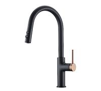 Kitchen Sink Mixer Faucet with Pull out Sprayer, Kitchen Faucets Brass Swivel Retractable Sink Faucet-Black+Brushed Rose Gold Handle