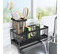 Kitchen Sink Organizer with Draining Tray - Stainless Steel Sink Caddy Sponge Tray Brush Holder - 360° Rotating Spout Towel Holder kitchen aid for Organization and Bathroom Accessories, Black