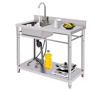 Kitchen Stainless Steel Utility Sink Freestanding Single Bowl Commercial Kitchen Hot & Cold Water Pipes & Faucet for Laundry Room Farmhouse Indoor/Outdoor (L:39.37in)