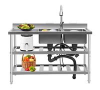 Kitchen Standing Stainless-Steel Double Bowl Commercial Restaurant Kitchen Sink 3 Tier Utility Sink Stainless Steel with Faucet Drain Pipe for Shop Laundry Sink