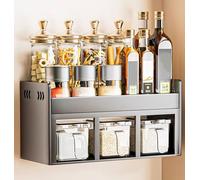 Kitchen Utensil Holder,Utensil Organiser, Double Tier Spice Rack, Wall Mounted& Countertops Seasoning Organizer, Kitchen Storage with Drawer Box,Household Containers Shelf with Spoons,Black,C(Black,A)