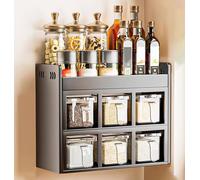 Kitchen Utensil Holder,Utensil Organiser, Double Tier Spice Rack, Wall Mounted& Countertops Seasoning Organizer, Kitchen Storage with Drawer Box,Household Containers Shelf with Spoons,Black,C(Black,C)