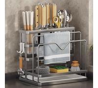 Kitchen Utensil Holder,Utensil Organiser, Flatware Organizer Countertop,Kitchen Storage Organizer with Cutting Coard Rack & Towel Rack,Forks Spoons Knives Chopsticks Rack for Kitchen Storage,Grey(Gray