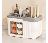Kitchen Utensil Holder,Utensil Organiser, Kitchen Spice Box Rack,Multifunctional Utensils & Spice Organizer,5 in 1 Seasoning Storage Box with Drainboard,Cutlery Holder for Countertop,Blue,6 Grids(Whit