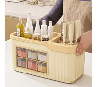 Kitchen Utensil Holder,Utensil Organiser, Kitchen Spice Box Rack,Multifunctional Utensils & Spice Organizer,5 in 1 Seasoning Storage Box with Drainboard,Cutlery Holder for Countertop,Blue,6 Grids(Yell