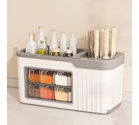 Kitchen Utensil Holder,Utensil Organiser, Kitchen Spice Box Rack,Multifunctional Utensils & Spice Organizer,5 in 1 Seasoning Storage Box with Drainboard,Cutlery Holder for Countertop,Blue,6 Grids(Whit