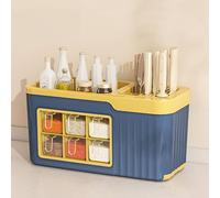 Kitchen Utensil Holder,Utensil Organiser, Kitchen Spice Box Rack,Multifunctional Utensils & Spice Organizer,5 in 1 Seasoning Storage Box with Drainboard,Cutlery Holder for Countertop,Blue,6 Grids(Blue