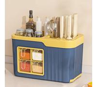 Kitchen Utensil Holder,Utensil Organiser, Kitchen Spice Box Rack,Multifunctional Utensils & Spice Organizer,5 in 1 Seasoning Storage Box with Drainboard,Cutlery Holder for Countertop,Blue,6 Grids(Blue