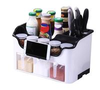 Kitchen Utensil Holder,Utensil Organiser, Kitchen Storage Racks,Multi-Function Spice Box with Spoon,Utensils Organizer with Knives Rack,Countertop Knife Holder,Kitchen Storage Box with Jar,Spoon,Pink(