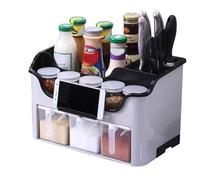 Kitchen Utensil Holder,Utensil Organiser, Kitchen Storage Racks,Multi-Function Spice Box with Spoon,Utensils Organizer with Knives Rack,Countertop Knife Holder,Kitchen Storage Box with Jar,Spoon,Pink(
