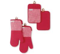 KitchenAid Chambray - Set di 4 presine e mini guanti da forno, resistenti al calore, antiscivolo, in silicone, 100% cotone, colore: rosso