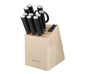 Kitchenaid Gourmet Set di Coltelli in Acciaio Giapponese da 11 Pezzi con Affilatore E Blocco in Legno di Betulla