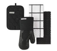 KitchenAid Quilted Cotton Terry Cloth Oven Mitt, Pot Holder, Kitchen Towel 4-Pack Set, Heat Resistant, Silicone Grip, Gift Set, Matte Black, 16"x26", 7"x13" & 7"x10"