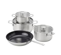 KitchenAid Stainless Steel Sheet - Set di 4 pentole in acciaio inox, 16 cm/20 cm/24 cm e padella da 28 cm, adatte a induzione, per forno, lavabili in lavastoviglie, colore: Argento