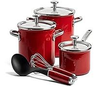 KitchenAid Steel Core Enamel Set da 8 pentole smaltate in acciaio con coperchio, smalto ingegnerizzato tedesco, a induzione, adatto al forno, lavabile in lavastoviglie, rosso impero