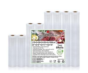KitchenBoss Sacchetti Sottovuoto Alimenti Sottovuoto Rotoli：Sacchetti per Sottovuoto senza BPA, Buste Sottovuoto Alimenti per Macchina Sottovuoto e Cottura Sous Vide, 8 Rotoli 15x2/20x2/28x4/x300cm