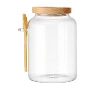KitchenCraft Idyllic Glass jar with beech wood lid and bamboo spoon, airtight glass container with wooden lid for kitchen storage and organization