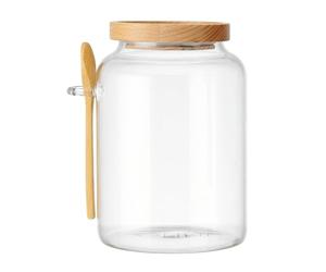 KitchenCraft Idyllic Glass jar with beech wood lid and bamboo spoon, airtight glass container with wooden lid for kitchen storage and organization