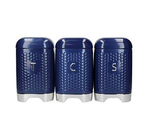 KitchenCraft Lovello Set di 3 Contenitori per Zucchero, Tè e Caffè con Design a Nido D'Ape in Acciaio Cromato, Blu Mezzanotte, 11 cm x 11 cm x 19 cm (4.5" x 4.5" x 7.5")