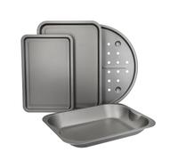 KitchenCraft Set di 4 Teglie Antiaderenti in Confezione Regalo, 3 Teglie di Diverse Dimensioni e Teglia Perforata per Pizza, in Acciaio al Carbonio