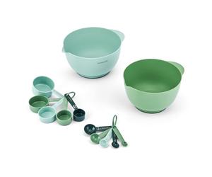 KitchenCraft - Set di ciotole e strumenti di misurazione da 12 pezzi, 2 ciotole impilabili, 5 misurini a tazza, 5 cucchiai dosatori, verde e blu, salvaspazio per cucinare e preparare dolci