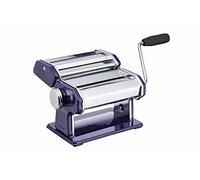 KitchenCraft World of Flavours Pasta Maker, Macchina per la pasta manuale con 9 spessori regolabili, doppia taglierina italiana Deluxe, acciaio inox, blu
