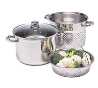 KitchenCraft World of Flavours Pentola per pasta con colino e cestello per verdure a vapore in confezione regalo, sicura per induzione, acciaio inox, 4 litri