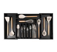 KitchenEdge Organizer per posate e utensili di alta qualità, per cassetti da cucina, espandibile, larghezza da 48 a 83 cm, 11 scomparti, finitura nera per alimenti, 100% legno di bambù sostenibile