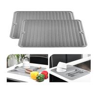 KitchenRaku 2 Pezzi Tappetino scolapiatti 40x45cm, Resistente al calore,Sottobicchieri in silicone antiscivolo, Presine, Tovaglietta, Ripiano per cucchiai ( Grigio)