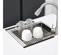 KitchenRaku Scolapiatti da Appoggio 43x40cm | Tappetino Pieghevole per il Lavandino in Cucina | Acciaio Inox 304 | Scolapiatti per il Lavello della Cucina (per Tazze, Frutta e Verdura), Nero