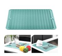 KitchenRaku Tappetino scolapiatti 40x45cm, Resistente al calore,Sottobicchieri in silicone antiscivolo, Presine, Tovaglietta, Ripiano per cucchiai (Azzurro)