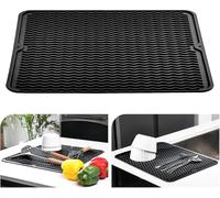 KitchenRaku Tappetino scolapiatti 40x60cm, Resistente al calore,Sottobicchieri in silicone antiscivolo, Presine, Tovaglietta, Ripiano per cucchiai (Nero)