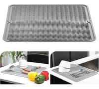 KitchenRaku Tappetino scolapiatti 40x60cm, Resistente al calore,Sottobicchieri in silicone antiscivolo, Presine, Tovaglietta, Ripiano per cucchiai (Grigio)