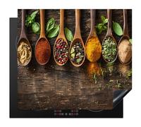KitchenYeah© Copri Piano Cottura 57x51 cm Coprifornelli Tappetino per Induzione Fornello Tutto per la Cucina Erbe - Spezie - Cucchiaio - Foglie - Stampa su legno - Natura morta