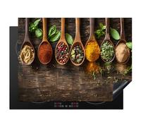 KitchenYeah© Copri Piano Cottura 70x52 cm Coprifornelli Tappetino per Induzione Fornello Tutto per la Cucina Erbe - Spezie - Cucchiaio - Foglie - Stampa su legno - Natura morta