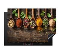 KitchenYeah© Copri Piano Cottura 75x52 cm Coprifornelli Tappetino per Induzione Fornello Tutto per la Cucina Erbe - Spezie - Cucchiaio - Foglie - Stampa su legno - Natura morta