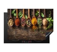 KitchenYeah© Copri Piano Cottura 78x52 cm Coprifornelli Tappetino per Induzione Fornello Tutto per la Cucina Erbe - Spezie - Cucchiaio - Foglie - Stampa su legno - Natura morta
