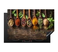 KitchenYeah© Copri Piano Cottura 80x52 cm Coprifornelli Tappetino per Induzione Fornello Tutto per la Cucina Erbe - Spezie - Cucchiaio - Foglie - Stampa su legno - Natura morta