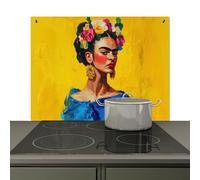 KitchenYeah© Pannelli Paraschizzi x Cucina Lastra 78x52 cm Alzatina Paraspruzzi Pannello Cucine, para Schizzi per Piano Cottura Frida Kahlo - Donna - Giallo - Blu - Fiori