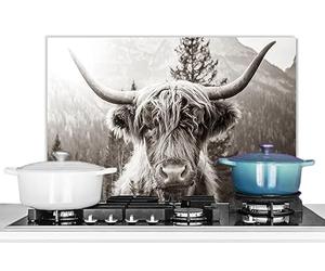 KitchenYeah© Pannelli Paraschizzi x Cucina Lastra in Alluminio 60x40 cm Alzatina Paraspruzzi Pannello per Cucine Highlander Scozzese - Mucca - Animali - Nero - Bianco