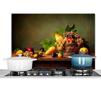 KitchenYeah© Pannelli Paraschizzi x Cucina Lastra in Alluminio 90x60 cm Alzatina Paraspruzzi Pannello per Cucine Rustico - Cestino - Frutta - Natura Morta