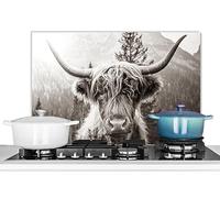 KitchenYeah© Pannelli Paraschizzi x Cucina Lastra in Alluminio Alzatina | 60x40 cm - Paraspruzzi Pannello per Cucine Highlander scozzese - Mucca - Animali - Nero - Bianco