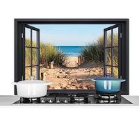 KitchenYeah© Pannello Paraschizzi Cucina Alluminio 100x65 cm para Schizzi per Piano Cottura Parete Cucine Trasparente - Spiaggia - Mare - Sabbia - Acqua - Erba di Spiaggia - Dune