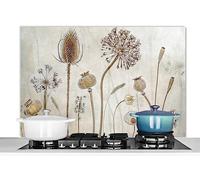 KitchenYeah© Pannello Paraschizzi Cucina Alluminio 100x65 cm para Schizzi per Piano Cottura Parete Cucine Fiori - Acquerello - Natura Morta - Marrone - Vintage
