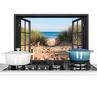 KitchenYeah© Pannello Paraschizzi Cucina Alluminio 60x40 cm para Schizzi per Piano Cottura Parete Cucine Trasparente - Spiaggia - Mare - Sabbia - Acqua - Erba di Spiaggia - Dune