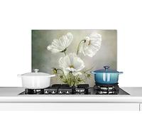 KitchenYeah© Pannello Paraschizzi Cucina Alluminio 70x50 cm para Schizzi per Piano Cottura Parete Cucine Fiori - Natura Morta - Papavero - Bianco - Botanico