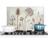 KitchenYeah© Pannello Paraschizzi Cucina Alluminio 70x50 cm para Schizzi per Piano Cottura Parete Cucine Fiori - Acquerello - Natura Morta - Marrone - Vintage