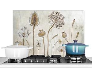 KitchenYeah© Pannello Paraschizzi Cucina Alluminio 70x50 cm para Schizzi per Piano Cottura Parete Cucine Fiori - Acquerello - Natura Morta - Marrone - Vintage