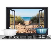 KitchenYeah© Pannello Paraschizzi Cucina Alluminio 80x55 cm para Schizzi per Piano Cottura Parete Cucine Trasparente - Spiaggia - Mare - Sabbia - Acqua - Erba di Spiaggia - Dune
